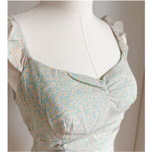 Storia Women's Dress Mini Mint Green Ditsy Floral Print Size Small Ruched Ruffle
